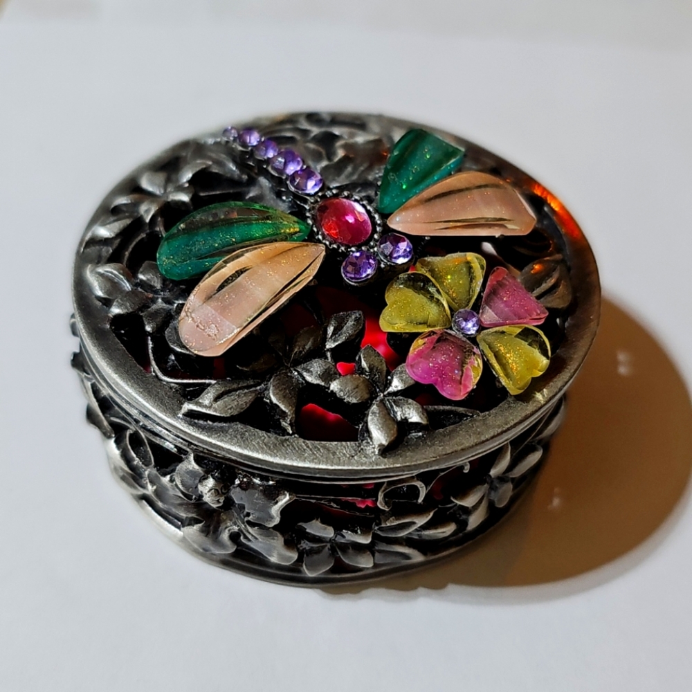 Dragonfly Flowers Trinket Box Crystals